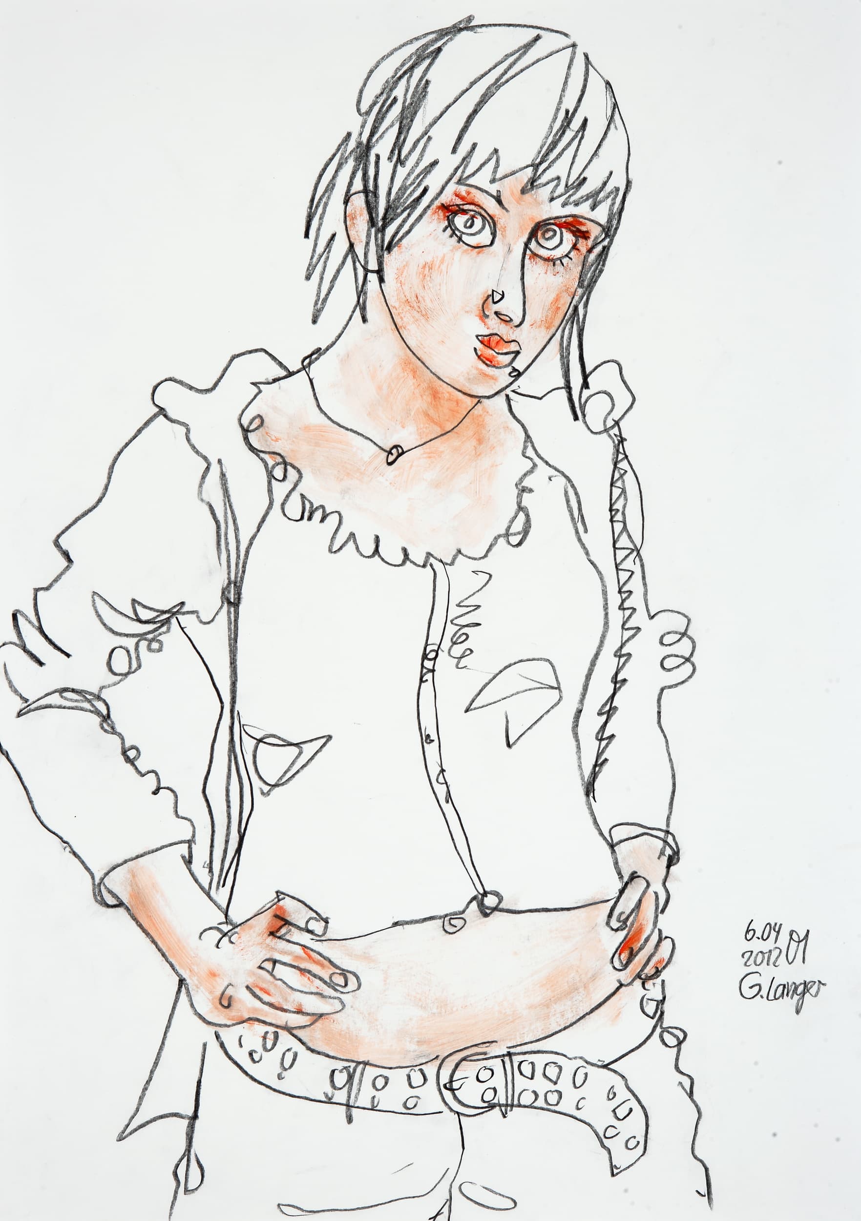 Gunter Langer, stehende Frau provokant Arme eingestützt, Trotzig, 2012, Gouache Wasserfarbe Bleistift, Karton, 59 x 42 cm
